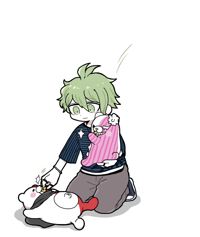 1boy amami_rantarou antenna_hair bangs black_scarf bracelet closed_mouth danganronpa_(series) danganronpa_v3:_killing_harmony full_body grabbing green_eyes green_hair grey_background grey_pants grin holding holding_stuffed_toy jewelry kneeling lying monofunny monotarou_(danganronpa) on_back pants ring scarf shimada_(dmisx) shiny shiny_hair shirt shoes short_hair simple_background smile striped striped_shirt stuffed_animal stuffed_toy teddy_bear teeth