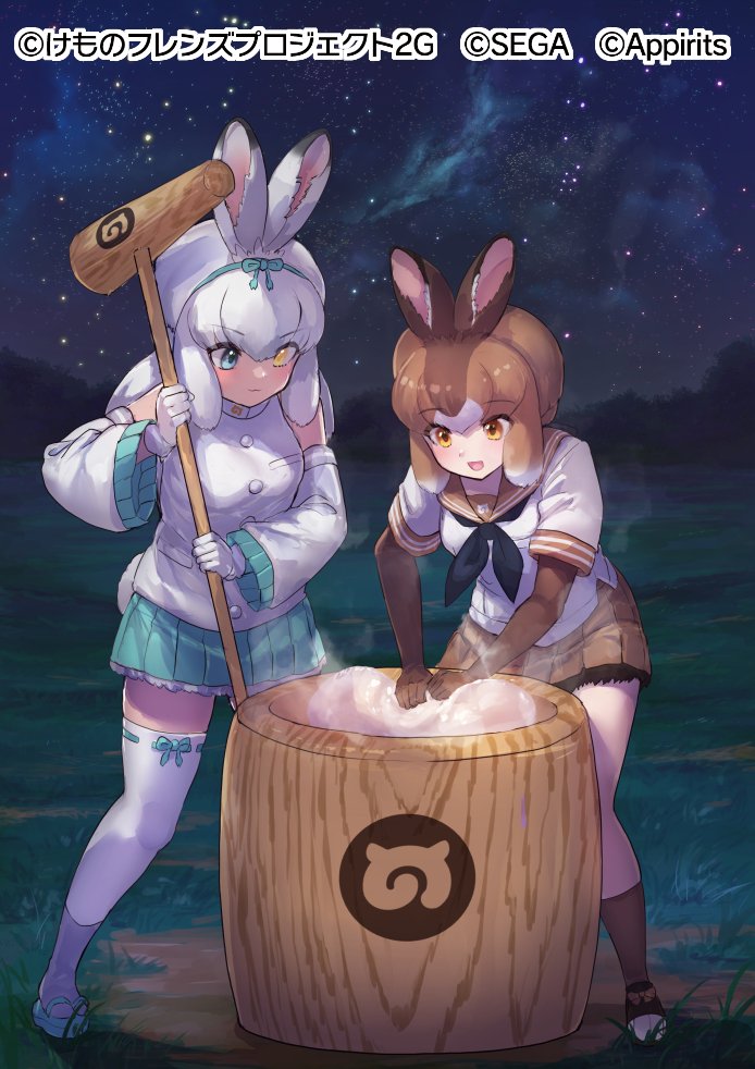 2girls animal_ears bangs blue_eyes brown_eyes brown_gloves brown_hair brown_sailor_collar commentary_request detached_sleeves elbow_gloves food frilled_sleeves frills full_body gloves grass guest_art hair_between_eyes heterochromia holding holding_mallet japanese_hare_(kemono_friends) japari_symbol kemono_friends kemono_friends_3 kine long_hair long_sleeves mallet mochi mochitsuki mortar multicolored_hair multiple_girls night official_art outdoors pleated_skirt rabbit_ears rabbit_girl rabbit_tail ribbon-trimmed_thighhighs sailor_collar school_uniform serafuku short_hair short_sleeves skirt sky star_(sky) starry_sky steam tadano_magu tail thighhighs tsukuyomi_shinshi_(kemono_friends) white_gloves white_hair wide_sleeves yellow_eyes