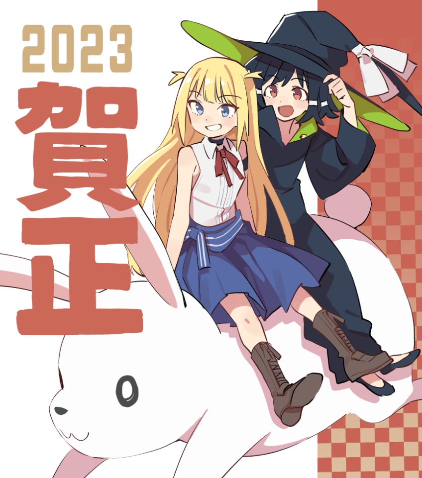 2023 2girls aki_poi animal arm_up black_footwear black_hair black_headwear black_robe blonde_hair blue_eyes blue_skirt boots brown_footwear checkered_background collared_shirt commentary_request grin hand_on_headwear hat long_sleeves multiple_girls nengajou new_year original oversized_animal pleated_skirt red_eyes robe shirt shoe_soles shoes sitting sitting_on_animal skirt sleeveless sleeveless_shirt smile white_shirt wide_sleeves witch_hat