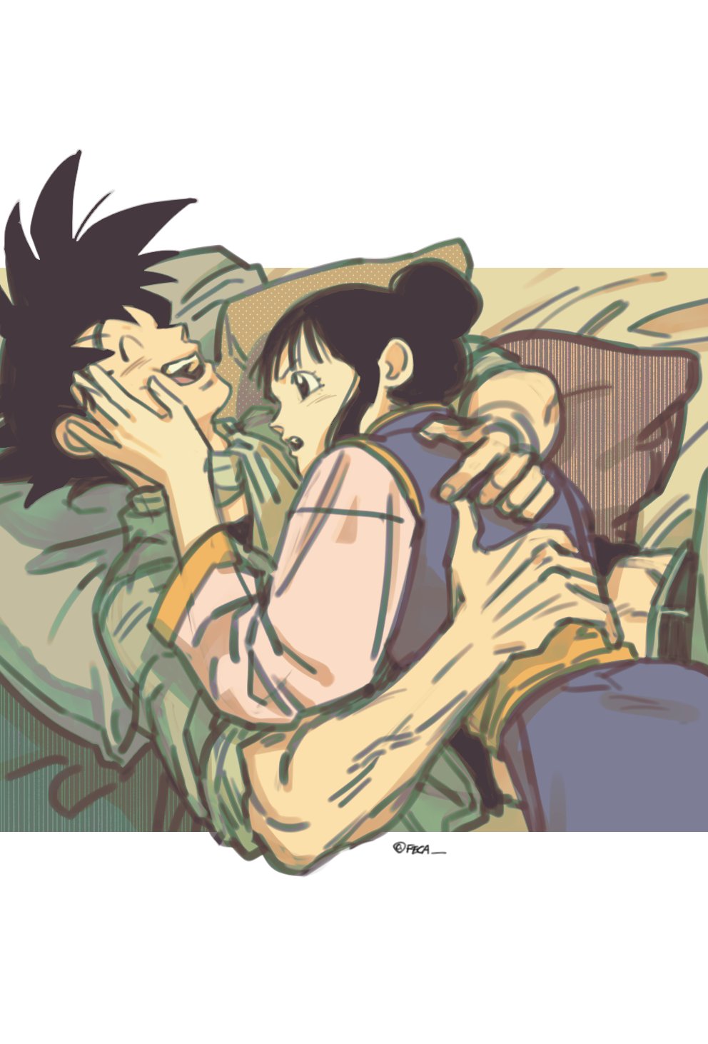 1boy 1girl bangs black_eyes black_hair chi-chi_(dragon_ball) chinese_clothes closed_eyes commentary_request dragon_ball dragon_ball_z fecaa hair_bun hand_on_another's_cheek hand_on_another's_face hetero highres husband_and_wife lying on_back open_mouth pillow sidelocks single_hair_bun smile son_goku twitter_username