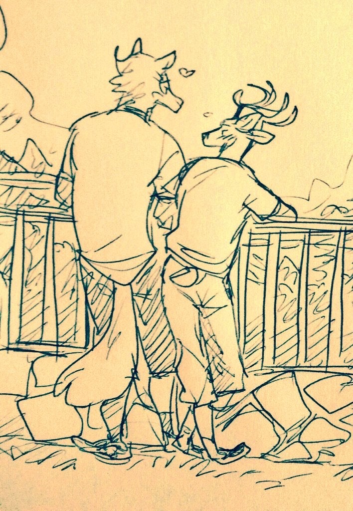 &lt;3 anthro antlers beastars canid canine canis clothed clothing deer duo fully_clothed horn legoshi_(beastars) looking_at_another louis_(beastars) male male/male mammal plant railing romantic scenic_view tree wolf wuffinarts