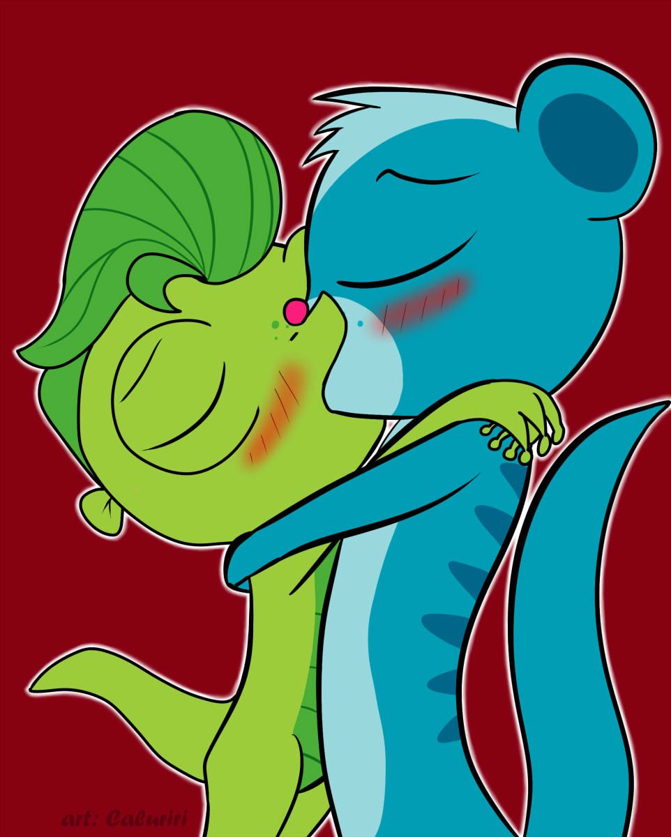 2014 artist_name blue_body blue_fur blue_tail blush caluriri digital_drawing_(artwork) digital_media_(artwork) duo embrace eyes_closed fur gecko green_body green_hair green_skin green_tail hair hasbro herpestid hi_res interspecies kiss_on_lips kissing lavender_background littlest_pet_shop lizard male male/male mammal mongoose pink_nose purple_background reptile scalie semi-anthro simple_background sunil_nevla tail vinnie_terrio