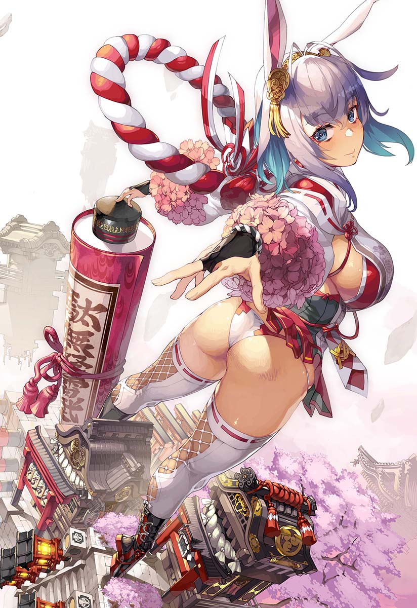 1girl 2023 animal_ears antenna_hair ass black_gloves blue_eyes blue_hair blush boots breasts bridal_gauntlets chinese_zodiac closed_mouth colored_inner_hair fake_animal_ears from_behind giant giantess gloves happy_new_year highres large_breasts long_hair long_sleeves looking_at_viewer looking_back multicolored_hair new_year nishii_(damnedrive) original rabbit rabbit_ears rabbit_girl ribbon-trimmed_legwear ribbon_trim scroll sideboob solo temple thighhighs tiptoes two-tone_hair white_hair white_thighhighs year_of_the_rabbit