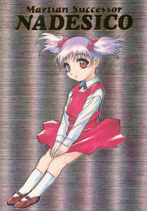 1990s_(style) 1girl aged_down bangs brown_footwear copyright_name dress full_body gotou_keiji grey_background hair_bobbles hair_ornament hoshino_ruri kidou_senkan_nadesico kidou_senkan_nadesico_-_prince_of_darkness light_purple_hair long_sleeves looking_at_viewer mary_janes non-web_source official_art red_dress retro_artstyle scan shoes short_twintails simple_background smile solo twintails v_arms