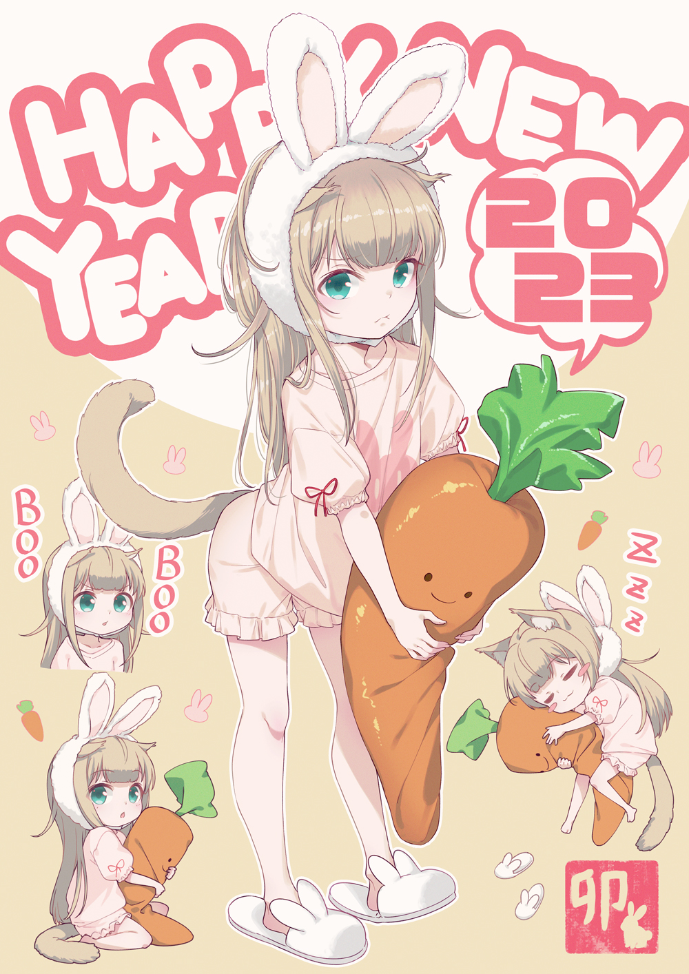 1girl 2023 40hara :o animal_ears animal_slippers bangs blonde_hair blunt_bangs bow bunny_slippers carrot cat_ears cat_girl cat_tail commentary_request english_text fake_animal_ears frilled_shorts frills green_eyes happy_new_year headband highres holding holding_stuffed_toy hug kinako_(40hara) logo long_hair looking_at_viewer object_hug original pajamas pink_pajamas pink_shirt pink_shorts puffy_short_sleeves puffy_sleeves rabbit_ears red_bow shirt short_sleeves shorts simple_background sleeping slippers smile solo stuffed_carrot stuffed_toy tail white_background yellow_background zzz