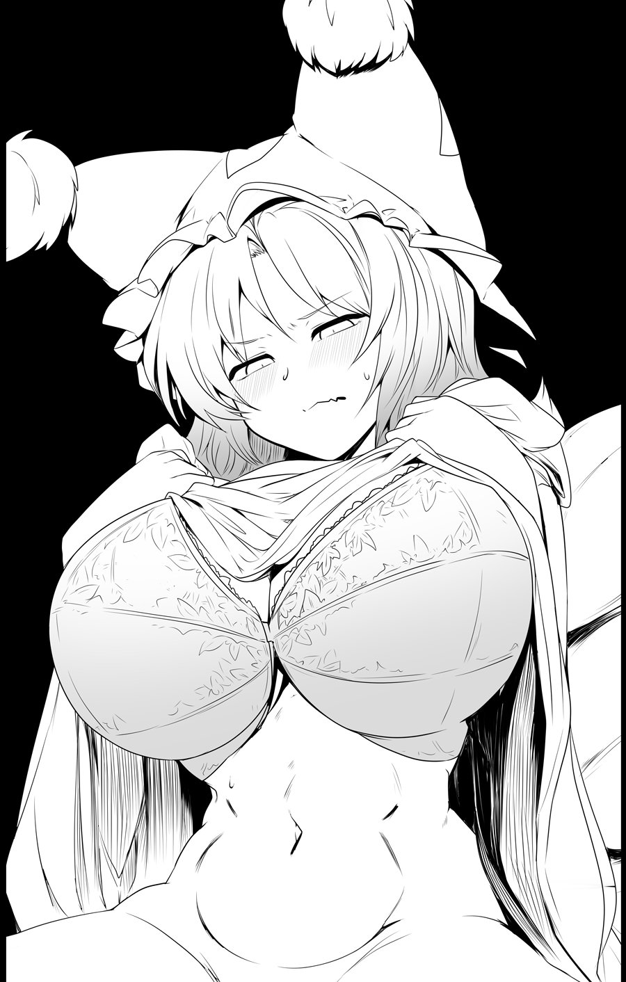 1girl bangs blush bra breasts cleavage closed_mouth clothes_lift commentary frilled_bra frills hat highres huge_breasts lifted_by_self mizuga monochrome navel pillow_hat short_hair simple_background solo stomach sweatdrop symbol-only_commentary touhou underwear yakumo_ran