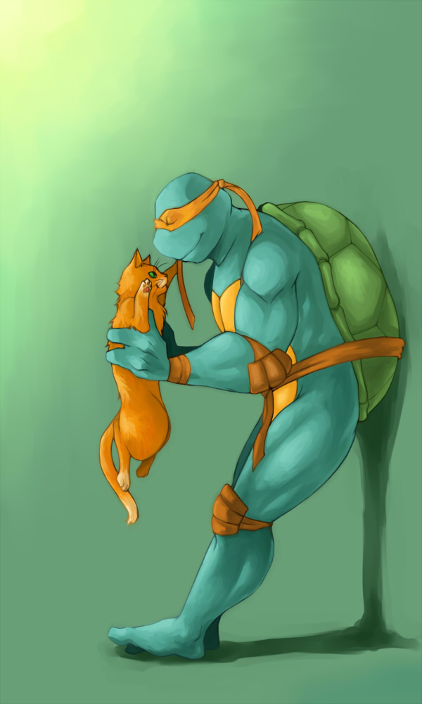 anthro bandanna body elbow_pads eyes_closed feral fur gradient_background green green_background green_eyes holding_another kerchief klunk_(tmnt) knee_pads looking_at_another michelangelo_(tmnt) orange pet shadow shell simple_background skin smile teenage_mutant_ninja_turtles teenage_mutant_ninja_turtles_(2003) wristband
