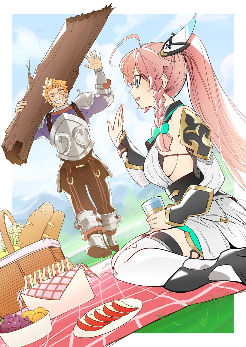 ahoge apple apple_slice armor arms_up baguette basket blanket blue_eyes blue_shirt blue_sky boots bow braid bread breasts brown_pants carrying_over_shoulder cup dragalia_lost facial_mark food fruit gold_trim grapes hair_bow hair_ornament high_ponytail highres holding holding_cup large_breasts log louise_(dragalia_lost) lumberjack on_grass orange_hair pants picnic pink_hair plate ponytail rex_(dragalia_lost) sandwich scar scar_on_face shirt shorts shoulder_spikes side_braid sideboob sitting sky smile spikes thighhighs walking waving white_shirt xiafei97