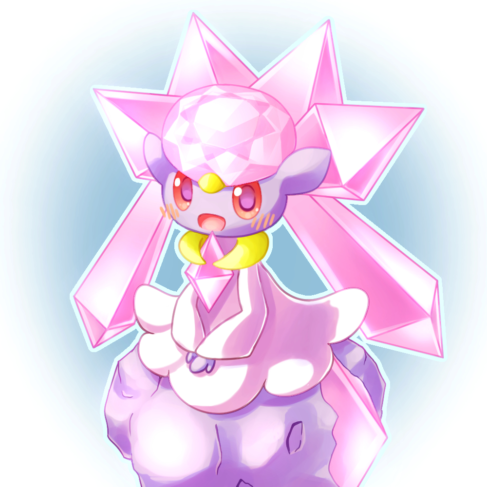 :d blush commentary_request diancie looking_at_viewer no_humans open_mouth orange_eyes own_hands_together pokemon pokemon_(creature) purple_pupils putto smile solo tongue