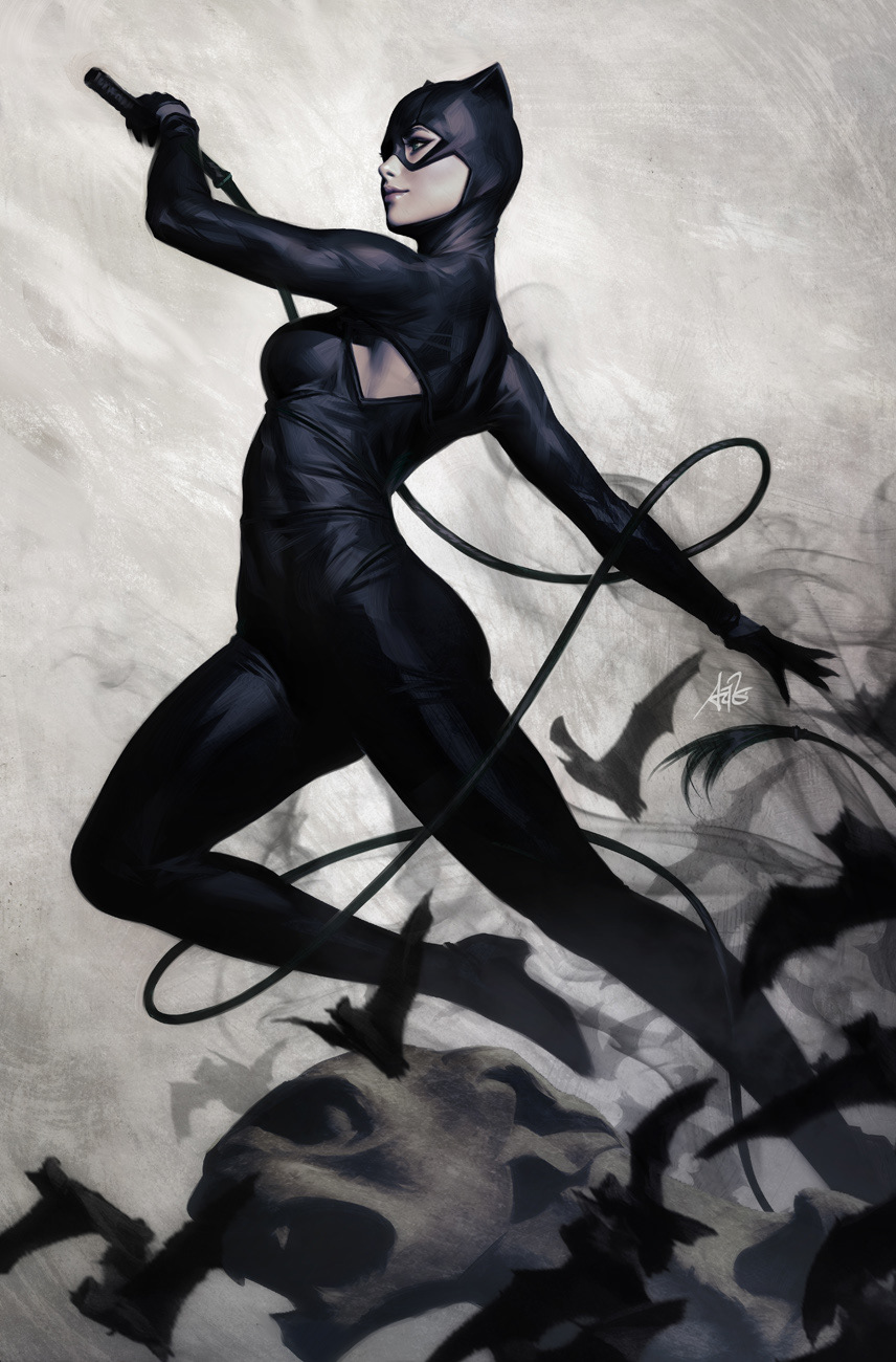 1girl armpit_cutout bat_(animal) batman_(series) black_bodysuit black_gloves bodysuit catwoman clothing_cutout dc_comics domino_mask from_side gloves highres holding holding_whip jumping latex latex_bodysuit mask midair realistic smile solo stanley_lau too_many too_many_bats whip
