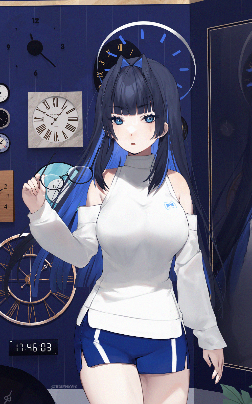 1girl artist_name bangs bare_shoulders black_hair blue_eyes blue_hair blue_shorts blunt_bangs blunt_ends breasts clock colored_inner_hair commentary cowboy_shot detached_sleeves digital_clock english_commentary glasses hair_intakes halo highres holding holding_eyewear hololive hololive_english indoors large_breasts long_hair long_sleeves looking_at_viewer multicolored_hair ouro_kronii parted_lips semi-rimless_eyewear shirt short_shorts shorts sidelocks solo terupancake twitter_username two-tone_hair under-rim_eyewear virtual_youtuber white_shirt