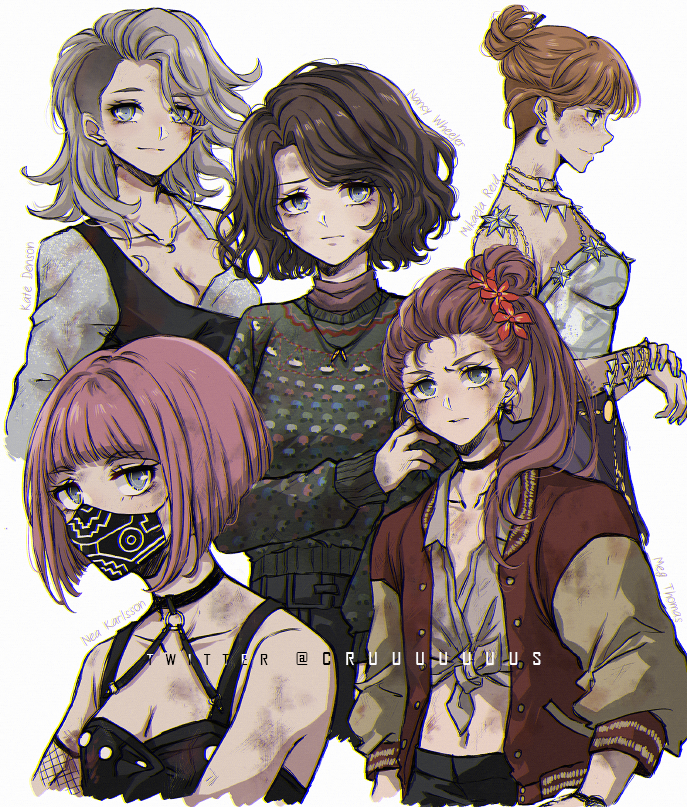 5girls bangs black_mask black_pants black_shirt breasts brown_hair brown_jacket brown_sweater cleavage criis-chan dead_by_daylight detached_sleeves flower freckles grey_hair hair_flower hair_ornament jacket jewelry kate_denson large_breasts long_hair mask medium_breasts medium_hair meg_thomas mikaela_reid mouth_mask multicolored_clothes multicolored_jacket multiple_girls nancy_wheeler nea_karlsson necklace o-ring open_clothes open_jacket pants pink_hair ponytail red_flower red_jacket shiny shiny_hair shirt short_hair simple_background single_bare_shoulder smile sweater two-tone_jacket white_background