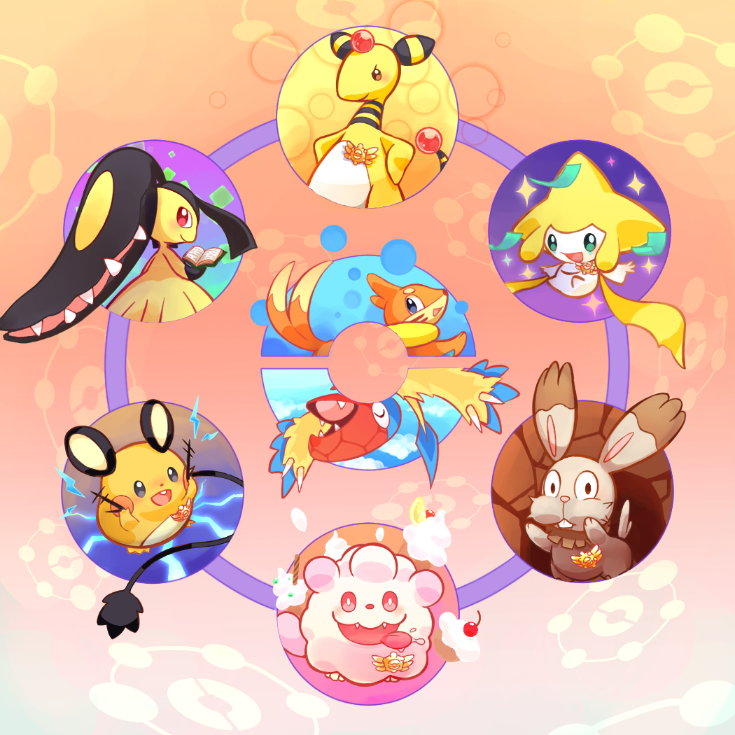 ampharos archen book brown_eyes buizel bunnelby closed_mouth commentary_request dedenne green_eyes holding holding_book jirachi mawile medal no_humans pokemon pokemon_(creature) putto red_eyes smile sparkle swirlix