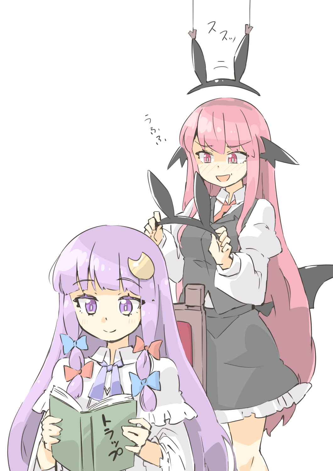 2girls :d animal_ears arnest bangs black_hairband black_skirt black_vest black_wings blue_bow blue_ribbon blunt_bangs blush book bow bright_pupils capelet chair closed_mouth collared_capelet collared_shirt colored_eyelashes crescent crescent_hair_ornament demon_wings dot_nose evil_smile eyes_visible_through_hair fake_animal_ears feet_out_of_frame frilled_capelet frilled_sleeves frills furrowed_brow giggling hair_bow hair_ornament hair_ribbon hairband hands_up head_wings highres holding holding_book holding_hairband koakuma long_hair long_sleeves looking_ahead looking_at_another low_wings mini_wings motion_lines multiple_girls multiple_wings narrowed_eyes neck_ribbon necktie no_headwear on_chair open_book open_mouth patchouli_knowledge petticoat prank puffy_long_sleeves puffy_sleeves purple_eyes purple_hair rabbit_ears reading red_bow red_hair red_necktie ribbon shiny shiny_hair shirt simple_background skirt skirt_set smile sound_effects split_mouth standing touhou translated tress_ribbon upper_body v-shaped_eyebrows very_long_hair vest w_arms white_background white_capelet white_pupils white_shirt white_sleeves wide_sleeves wing_collar wings