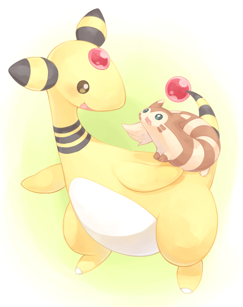 :d ampharos brown_eyes commentary_request eye_contact furret gem green_eyes happy looking_at_another no_humans open_mouth pokemon pokemon_(creature) putto red_gemstone smile