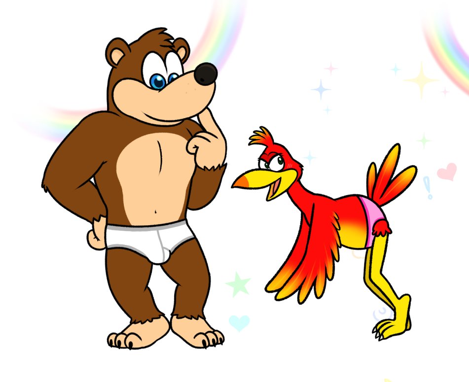 anthro avian banjo-kazooie banjo_(banjo-kazooie) barefoot beak bear blue_eyes briefs briefs_only brown_body brown_fur bulge clothed clothing duo feathers feet female fur kazooie male mammal nishi_oxnard panties panties_only pink_clothing pink_panties pink_underwear rainbow rareware red_body red_feathers smile tan_body tan_fur tighty_whities topless underwear underwear_only white_briefs white_clothing white_underwear yellow_beak