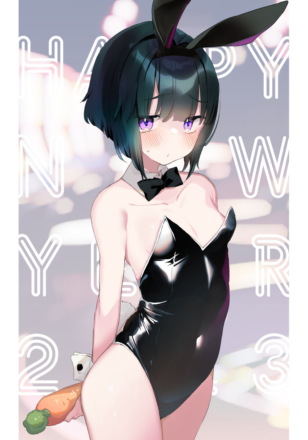 1girl 2023 animal_ears arms_behind_back black_bow black_bowtie black_hair black_leotard blush bob_cut bow bowtie breasts carrot collar detached_collar happy_new_year highres holding holding_carrot kanro_ame_(ameko) leotard original oversized_breast_cup playboy_bunny purple_eyes rabbit_ears short_hair small_breasts solo strapless strapless_leotard white_collar white_wrist_cuffs