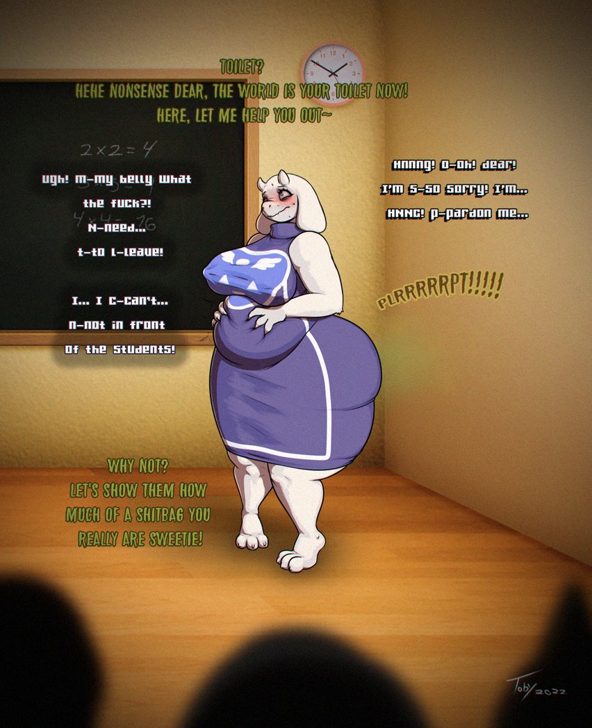 2022 anthro blush bodily_fluids boss_monster bovid caprine chalkboard classroom clothed clothing dialogue discomfort english_text fart female fully_clothed goat inflation mammal public robe rumbling_stomach school solo_focus sweat teacher text toby_art toriel undertale undertale_(series) unseen_character visible_stench