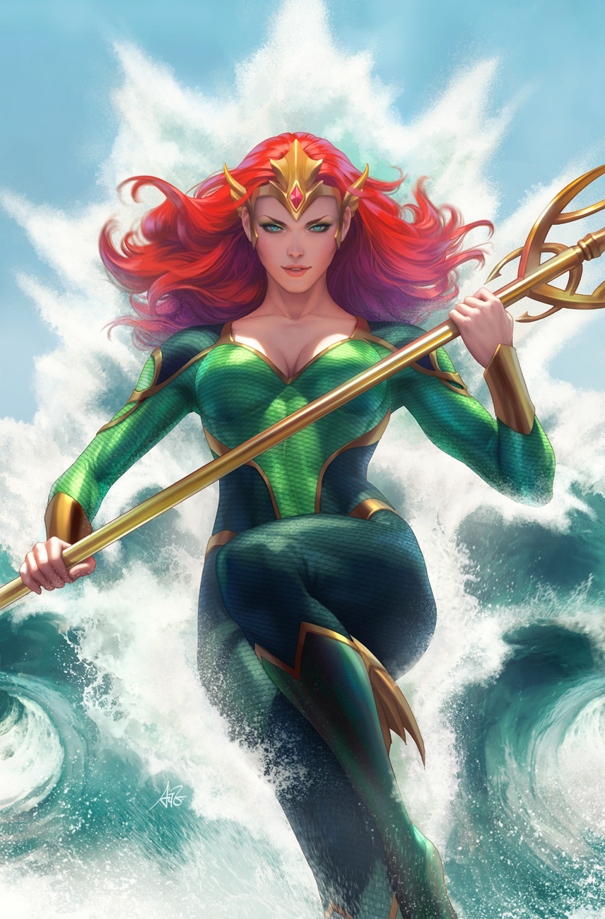 1girl blue_eyes bodysuit breasts cleavage collarbone crown dc_comics green_bodysuit highres holding holding_trident holding_weapon hydrokinesis long_hair looking_at_viewer mera_(dc) open_mouth parted_lips polearm realistic red_hair signature smile stanley_lau trident water waves weapon