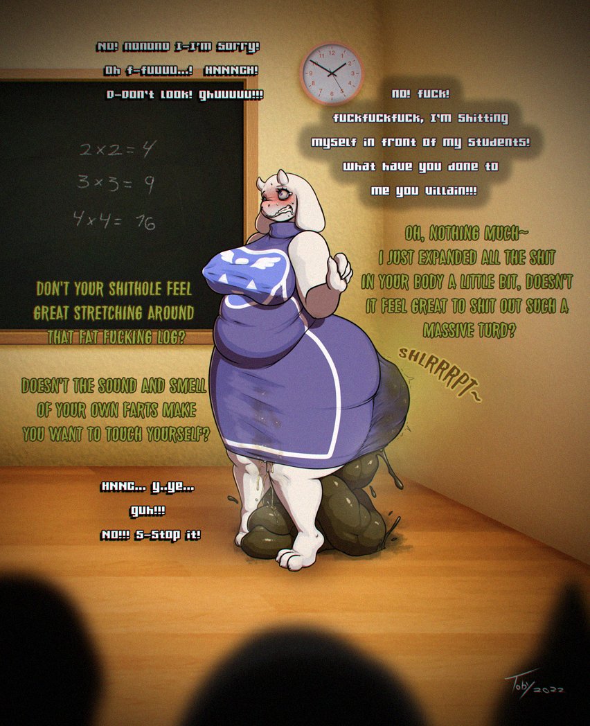 2022 anthro blush bodily_fluids boss_monster bovid caprine chalkboard classroom clothed clothing crying dialogue drooling english_text feces female fully_clothed genital_fluids goat mammal peeing public robe saliva scat school slightly_chubby soiling solo_focus sweat teacher tears text toby_art toriel undertale undertale_(series) unseen_character urine visible_stench watersports