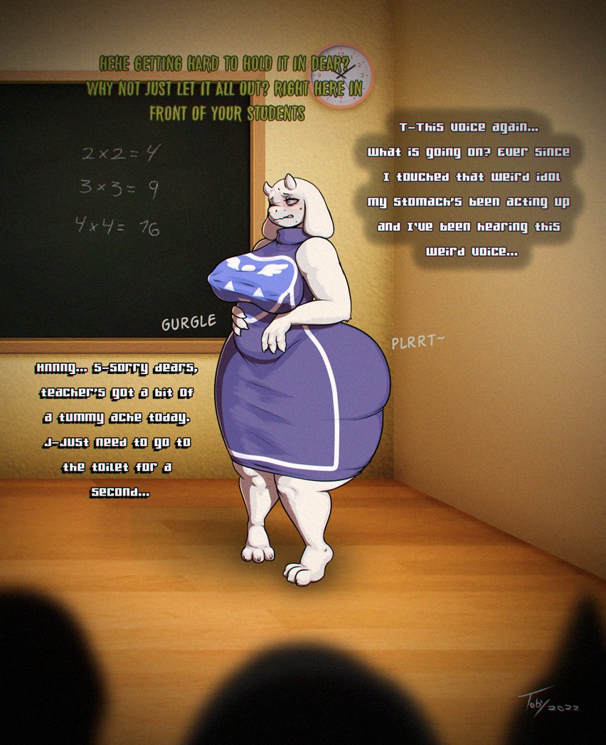 2022 anthro blush bodily_fluids boss_monster bovid caprine chalkboard classroom clothed clothing dialogue discomfort english_text fart female fully_clothed goat mammal public robe rumbling_stomach school solo_focus sweat teacher text toby_art toriel undertale undertale_(series) unseen_character