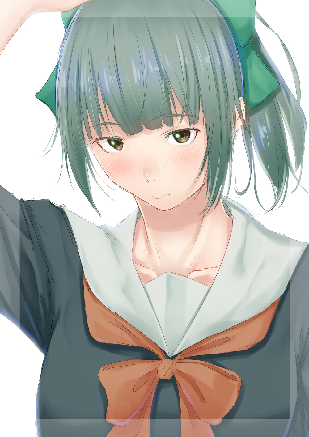 1girl bow eyebrows_visible_through_hair green_hair hair_bow hand_up highres kantai_collection neckerchief niwatazumi ponytail pursed_lips sailor_collar sailor_shirt shirt short_sleeves sidelocks solo upper_body white_background yellow_eyes yuubari_(kantai_collection)