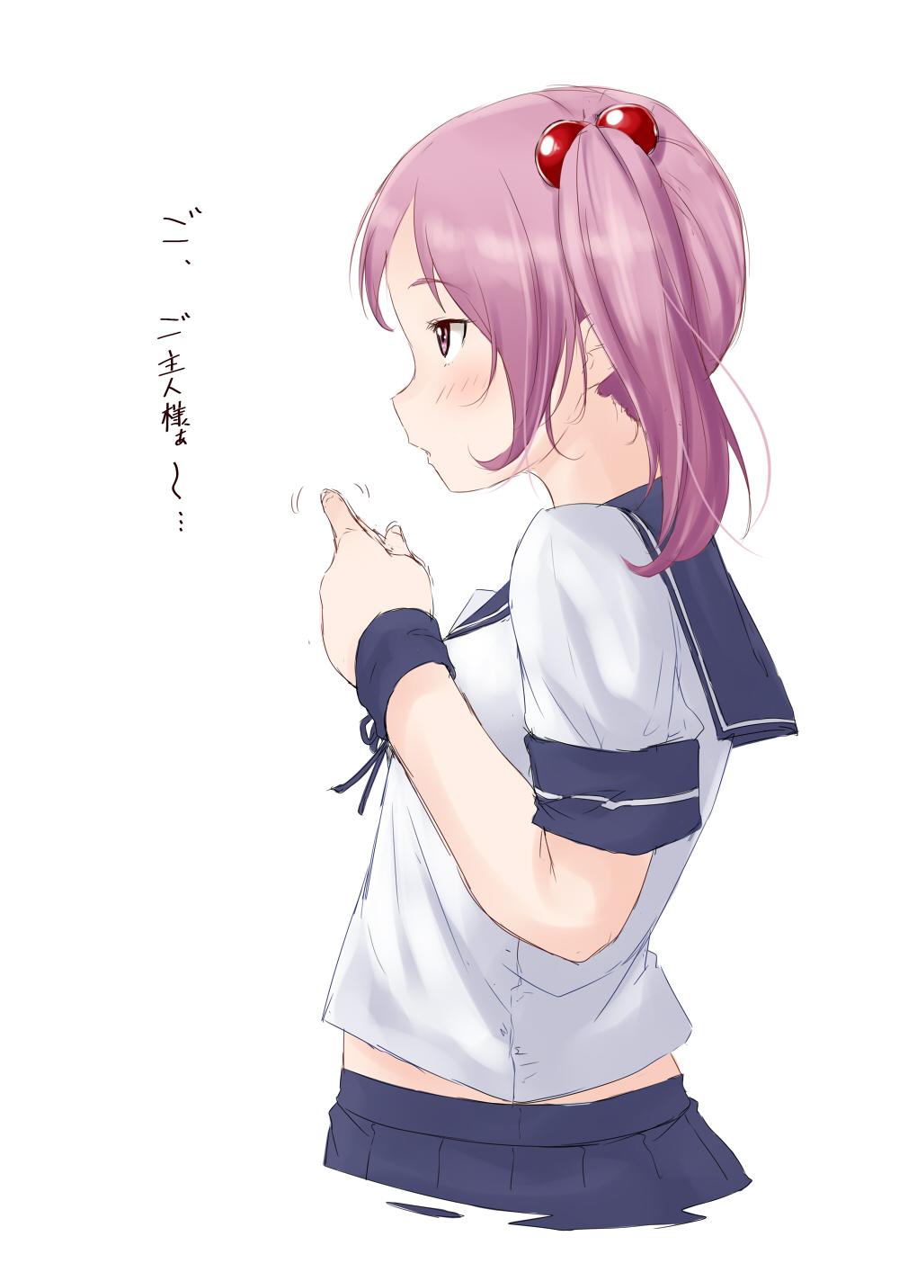 1girl blush breasts fingers_together from_side hair_bobbles hair_ornament highres kantai_collection niwatazumi pink_eyes pink_hair sazanami_(kantai_collection) school_uniform serafuku short_sleeves small_breasts solo translation_request twintails upper_body white_background wrist_cuffs