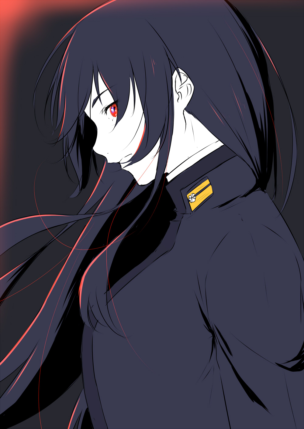 dark_background female_admiral_(kantai_collection) from_side glowing hair_between_eyes highres kantai_collection limited_palette long_hair long_sleeves looking_at_viewer military military_uniform niwatazumi red_eyes sidelocks solo tatebayashi_sakurako uniform upper_body