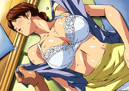 blush bow bow_bra bra breasts brown_hair cirima closed_eyes dutch_angle hikaru_no_go housewife huge_breasts lace lace_bra lingerie long_hair lowres lying mature on_back on_floor open_clothes open_mouth open_shirt panties pencil_skirt pillow pov shindou_mitsuko shirt short_hair skirt skirt_lift sleeveless solo_focus sweat underwear white_panties