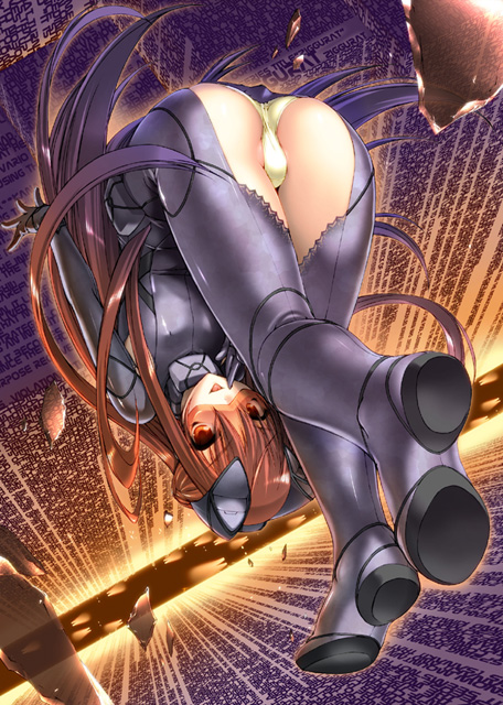 ass blue_hair bodysuit brown_eyes brown_hair city covered_nipples falling flat_chest gradient_hair legs long_hair md5_mismatch miss_black multicolored_hair panties skin_tight solo tongue trinity_(ziggurat) underwear very_long_hair ziggurat_(manga)