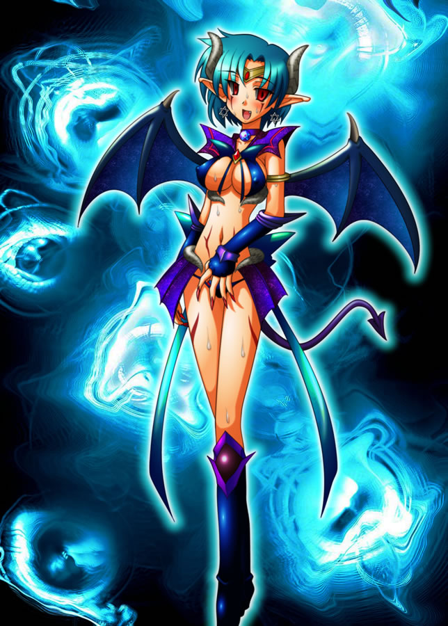 aqua_hair bishoujo_senshi_sailor_moon blush boots breasts cleavage corruption crooked_navel demon_girl demon_horns demon_tail demon_wings devil_girl horns mizuno_ami nail_polish navel open_mouth pointy_ears red_eyes sailor_mercury short_hair smile spread_wings stand succubus sweat tail tiara transformation wings