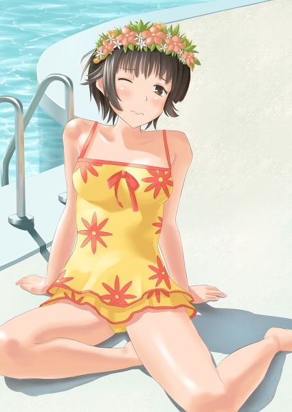 arm_support black_hair brown_eyes flower hair_flower hair_ornament head_wreath one-piece_swimsuit pool poolside short_hair swimsuit to_aru_kagaku_no_railgun to_aru_majutsu_no_index uiharu_kazari varon wink