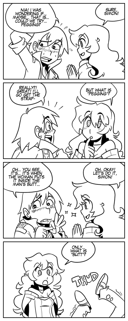 1girl 4koma comic english greyscale monochrome nia_teppelin older pegging simon tengen_toppa_gurren_lagann