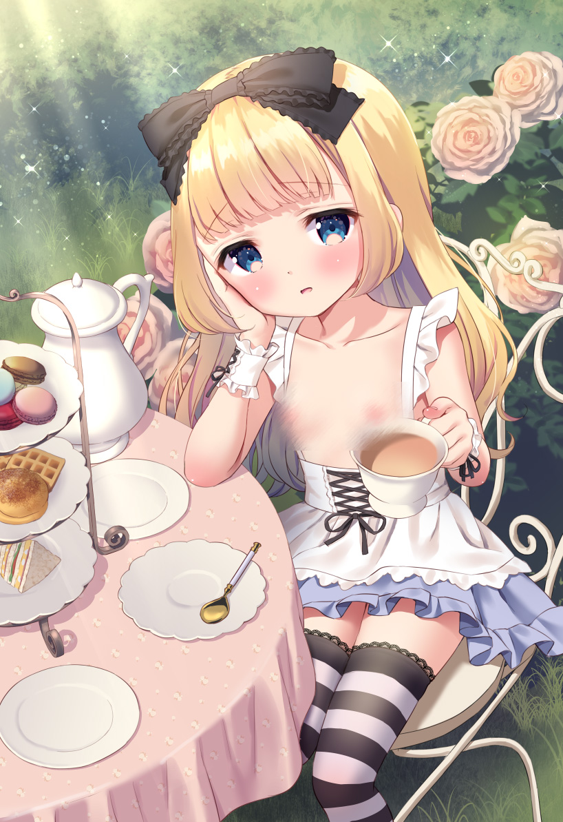 1girl alice_(alice_in_wonderland) alice_in_wonderland apron blonde_hair blue_eyes blue_skirt blur_censor blush breasts censored chair chitosezaka_suzu collarbone commentary_request cup flower food frilled_apron frilled_skirt frills grass holding holding_cup long_hair looking_at_viewer macaron nipples on_chair parted_lips pink_flower pink_rose rose sandwich saucer sitting skirt small_breasts solo spoon striped striped_thighhighs teapot thighhighs tiered_tray topless very_long_hair waffle white_apron wrist_cuffs
