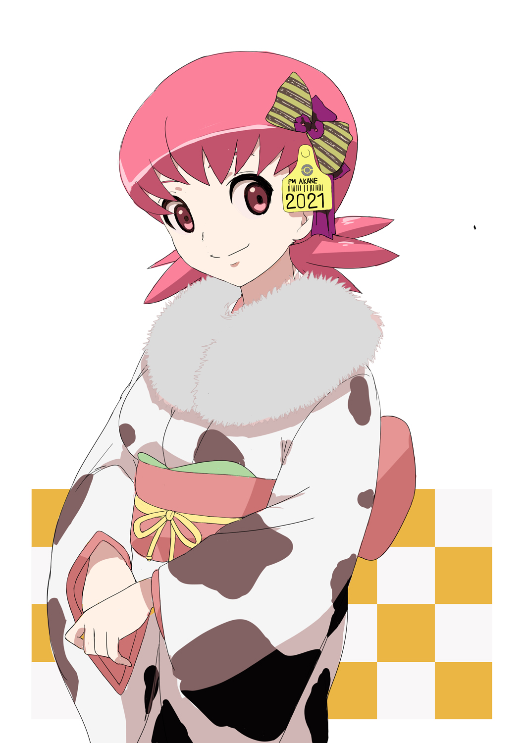 1girl 2021 animal_print bangs bow commentary_request cow_print cowboy_shot ear_tag fur_collar hair_bow highres japanese_clothes kimono long_sleeves looking_at_viewer low_twintails makoto_daikichi medium_hair obi partial_commentary pink_eyes pink_hair pokemon print_kimono sash solo standing twintails white_kimono whitney_(pokemon) wide_sleeves