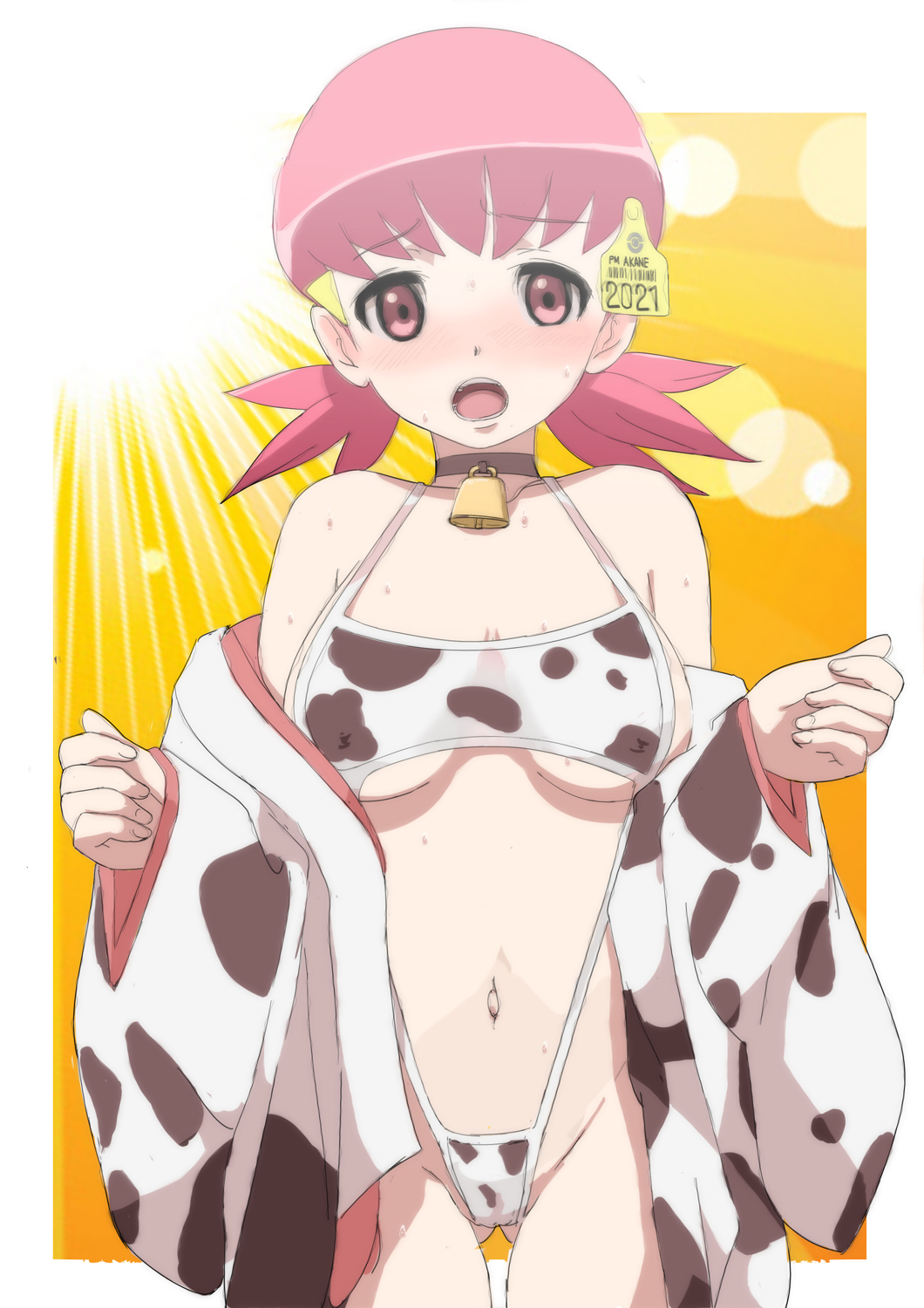 1girl animal_print backlighting bangs bell black_choker blush breasts choker commentary_request cow_print cowbell cowboy_shot ear_tag groin halterneck highres japanese_clothes kimono kimono_pull large_breasts long_sleeves looking_at_viewer low_twintails makoto_daikichi medium_hair navel neck_bell open_mouth partial_commentary pink_eyes pink_hair pokemon print_kimono print_swimsuit pulled_by_self slingshot_swimsuit solo standing sunlight sweat swimsuit thigh_gap twintails white_kimono whitney_(pokemon) wide_sleeves