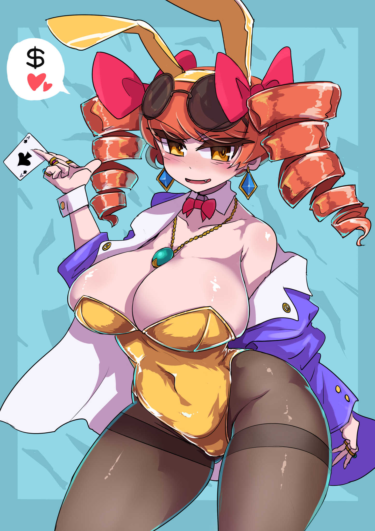 1girl :d animal_ears black_pantyhose blue_background bow bowtie breasts cleavage coat covered_navel cowboy_shot detached_collar dollar_sign drill_hair earrings enajii eyewear_on_head hair_bow heart highres jewelry large_breasts leotard looking_at_viewer open_mouth orange_eyes orange_hair pantyhose playboy_bunny purple_coat rabbit_ears red_bow red_bowtie round_eyewear smile solo speech_bubble spoken_heart standing sunglasses touhou twin_drills yellow_leotard yorigami_jo'on