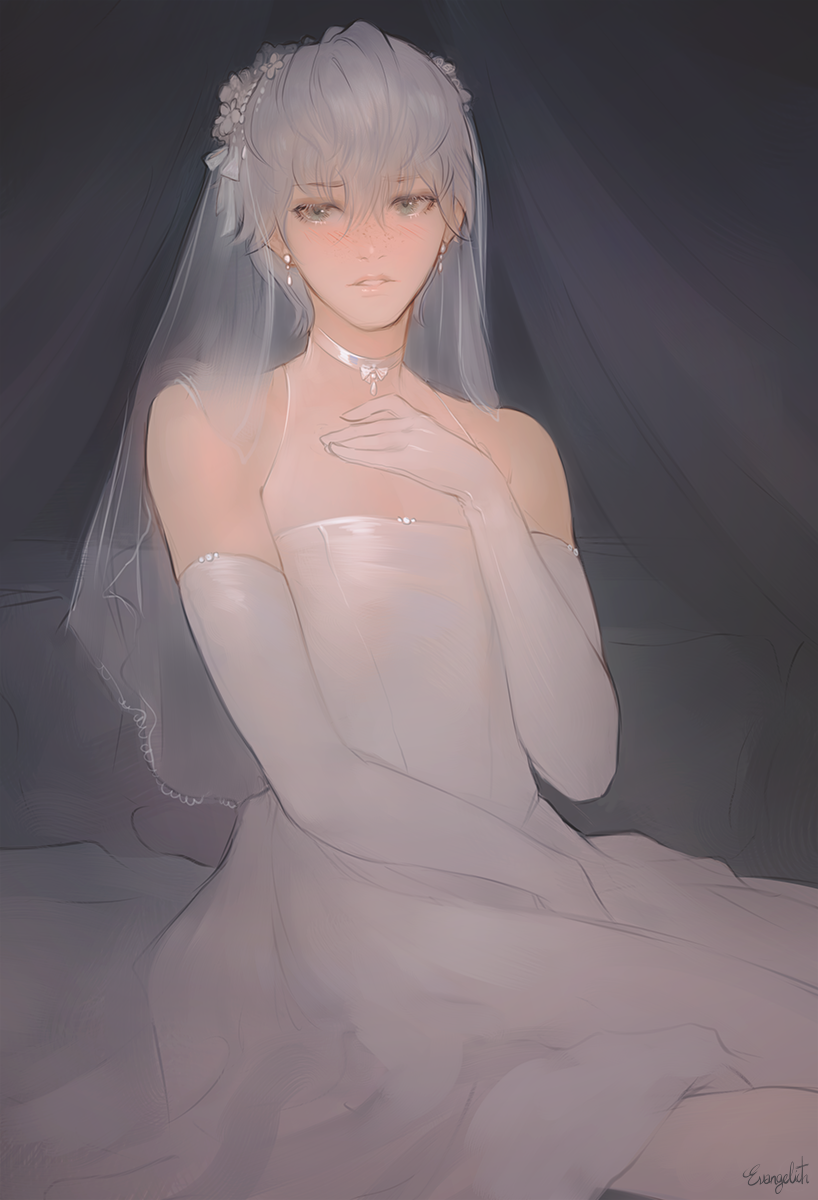 1boy ashe_ubert blush bridal_veil bride choker crossdressing dress earrings elbow_gloves fire_emblem fire_emblem:_three_houses freckles gloves green_eyes grey_hair hair_between_eyes highres jewelry lips male_focus nat_the_lich nintendo otoko_no_ko parted_lips short_hair solo veil wedding_dress white_hair