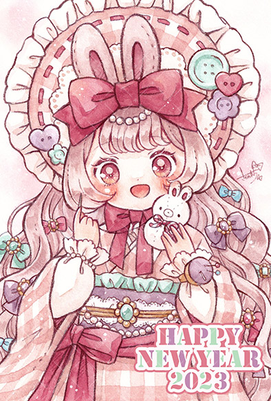 1girl 2023 animal_ears aqua_bow bangs blush bonnet bow brooch buttons english_text frilled_bonnet hair_bow happy_new_year heart_button holding holding_stuffed_toy japanese_clothes jewelry kimono large_buttons layered_sleeves lolita_fashion long_hair long_sleeves multiple_hair_bows needle new_year obi obijime object_request open_mouth original painting_(medium) pastel_colors pink_eyes pink_hair pink_headwear pink_kimono pink_theme purple_bow purple_sash rabbit_ears red_bow red_ribbon ribbon sakano_machi sash signature smile solo straight-on stuffed_animal stuffed_bunny stuffed_toy traditional_media upper_body watercolor_(medium) white_headwear wide_sleeves yume_kawaii