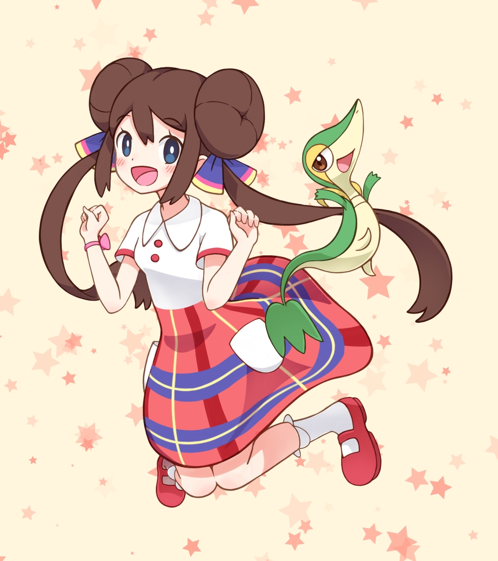 1girl :d bangs blue_eyes blush bright_pupils brown_hair buttons collared_shirt commentary_request double_bun eyelashes hair_bun hands_up long_hair looking_at_viewer open_mouth pink_skirt pokemon pokemon_(creature) pokemon_(game) pokemon_bw2 pokestar_studios putto red_footwear rosa_(pokemon) shirt shoes short_sleeves skirt smile snivy socks star_(symbol) tongue twintails w_arms white_pupils white_shirt white_socks