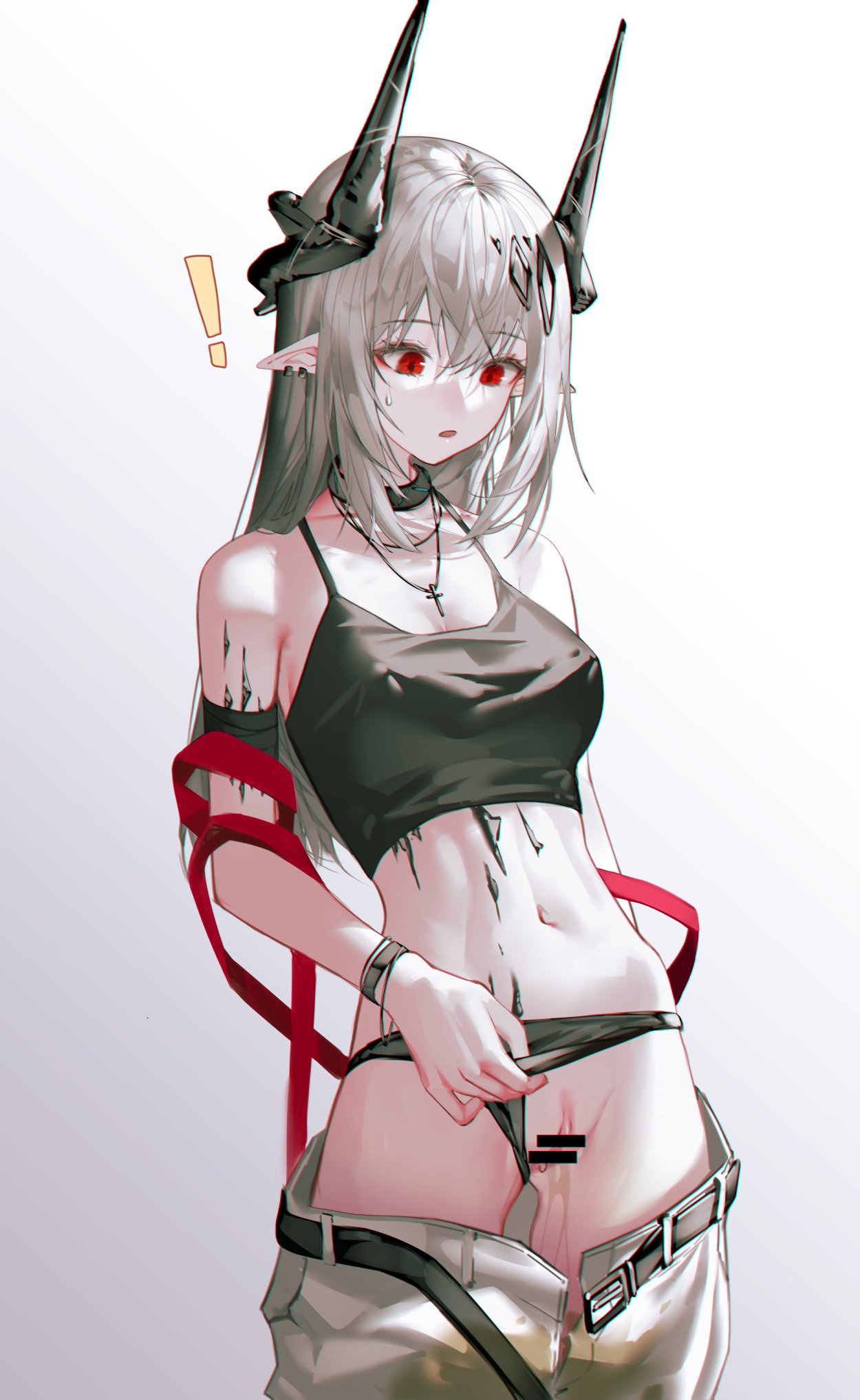 ! 1girl arknights bar_censor black_camisole black_choker black_panties camisole censored choker clothes_pull clothing_aside cross cross_necklace demon_horns highres horns iumu jewelry midriff mudrock_(arknights) necklace open_pants oripathy_lesion_(arknights) panties panties_aside pants pants_pull pee pee_stain pointy_ears red_eyes underwear white_hair