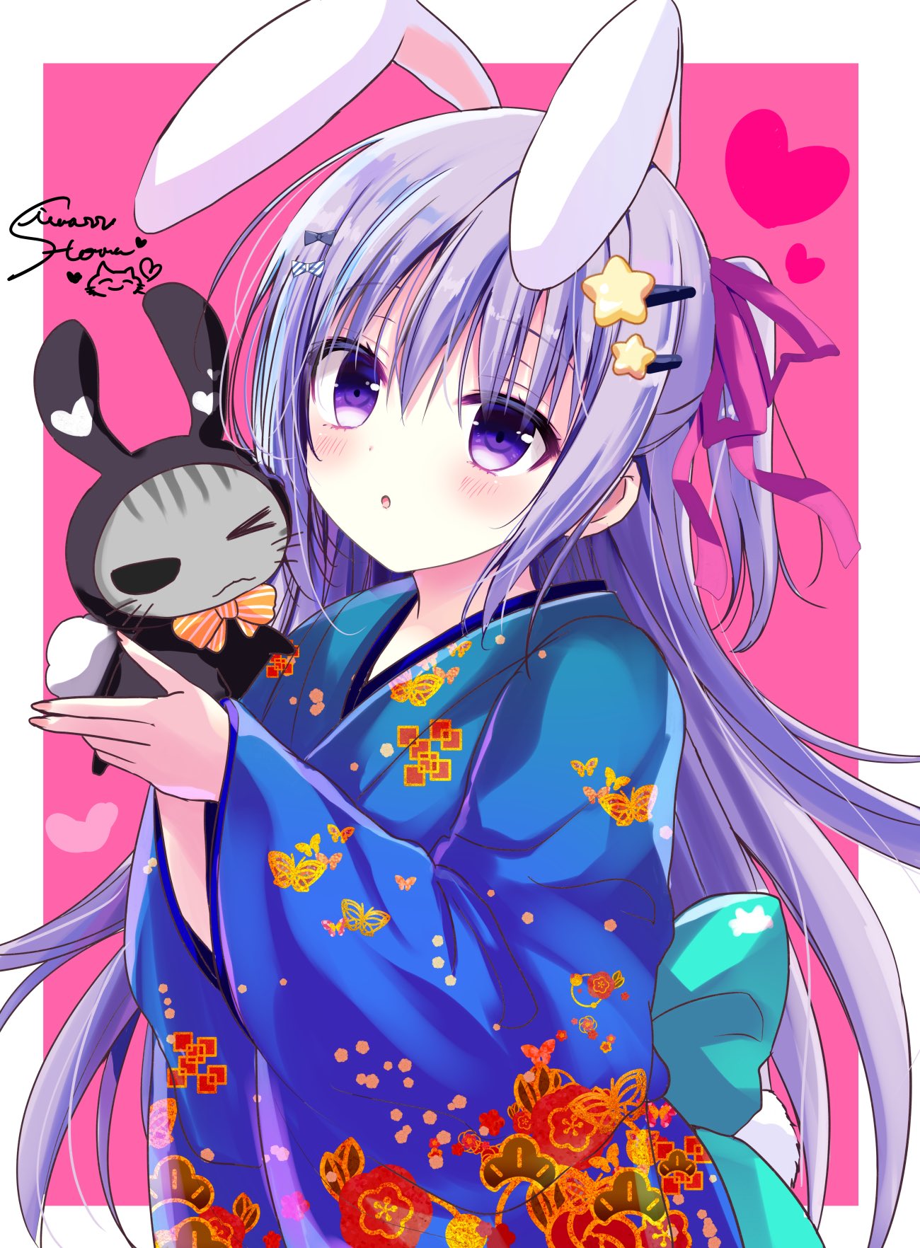 1girl :o animal animal_costume animal_ears bangs blue_kimono blush cat chinese_zodiac commentary_request floral_print hair_between_eyes hair_ornament hair_ribbon hairclip heart highres holding holding_animal japanese_clothes kimono long_hair long_sleeves original parted_lips pink_background ponytail print_kimono purple_eyes purple_hair purple_ribbon rabbit_costume rabbit_ears ribbon shiwasu_horio signature solo star_(symbol) star_hair_ornament two-tone_background very_long_hair white_background wide_sleeves year_of_the_rabbit