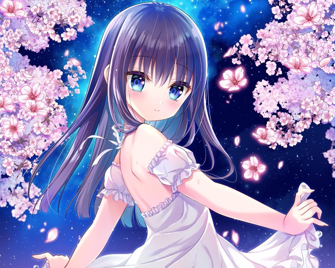 1girl bangs black_hair blue_eyes blush closed_mouth commentary_request detached_sleeves dress flower frilled_dress frilled_sleeves frills from_side hair_between_eyes long_hair looking_at_viewer looking_to_the_side night night_sky original outdoors pink_flower puffy_short_sleeves puffy_sleeves shiwasu_horio short_sleeves skirt_hold sky smile solo star_(sky) starry_sky very_long_hair white_dress white_sleeves