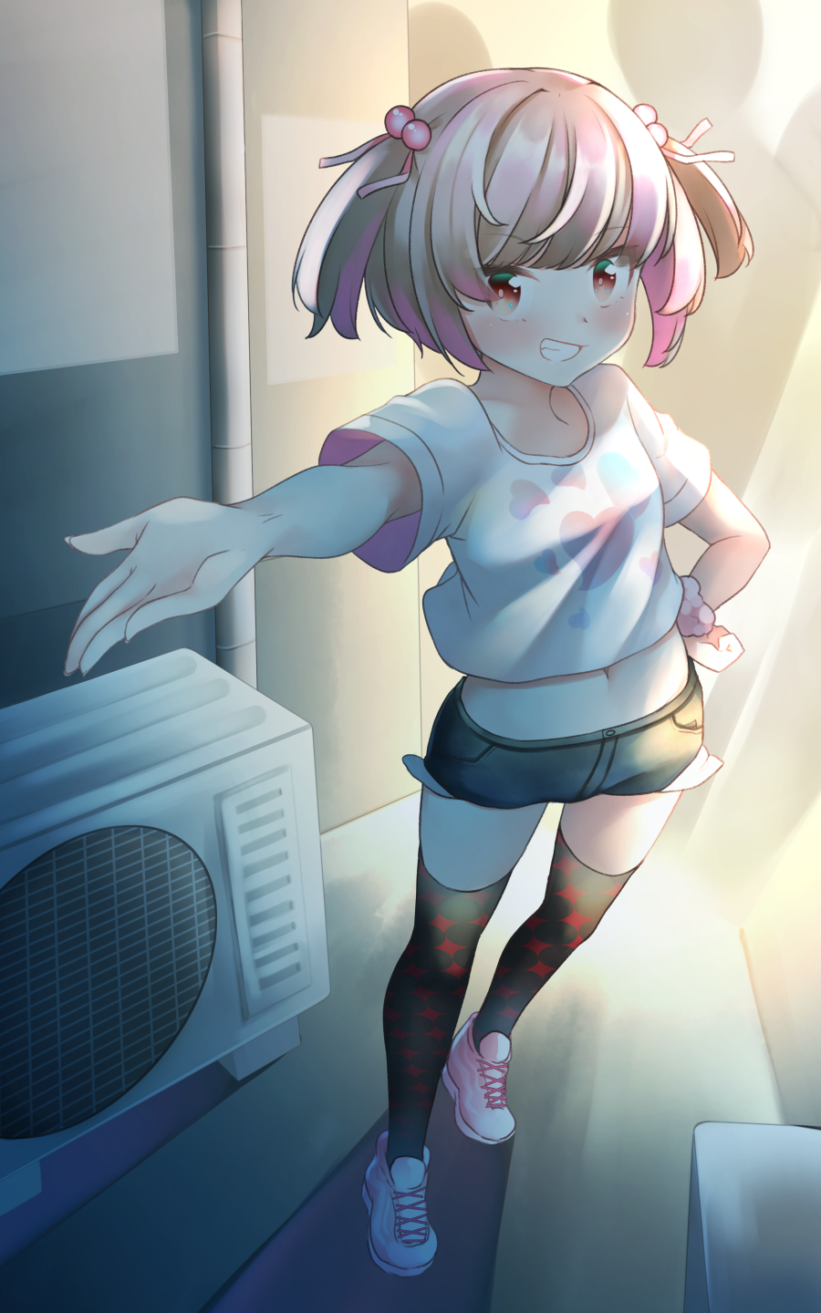 1girl air_conditioner black_shorts black_thighhighs blush brown_hair comah crop_top grin hair_bobbles hair_ornament hand_on_hip highres looking_at_viewer midriff navel original outstretched_arm pink_footwear red_eyes shirt shoes short_shorts short_sleeves shorts smile solo standing thighhighs two_side_up white_shirt
