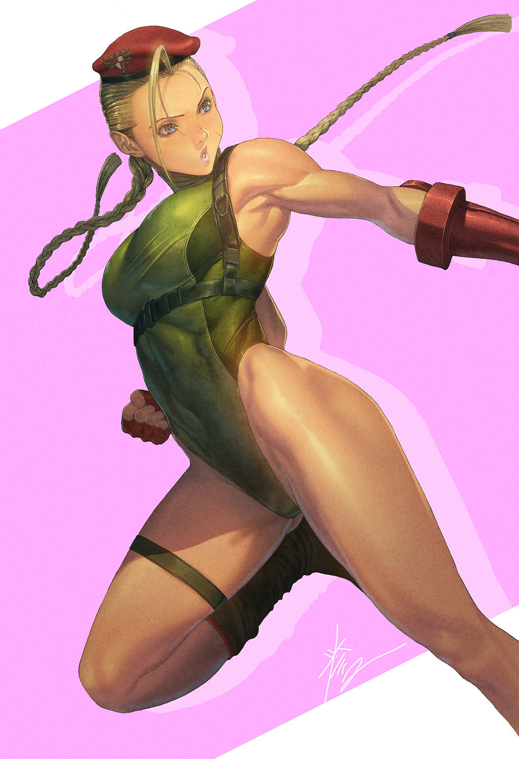 1girl ahoge armpits beret blonde_hair boots braid breasts cammy_white chest_harness commentary_request cross-laced_footwear gloves green_leotard harness hat highleg highleg_leotard highres holster homare_(fool's_art) huge_ahoge lace-up_boots leotard long_hair medium_breasts muscular muscular_female parted_lips red_gloves red_headwear scar solo street_fighter street_fighter_v thigh_holster turtleneck twin_braids