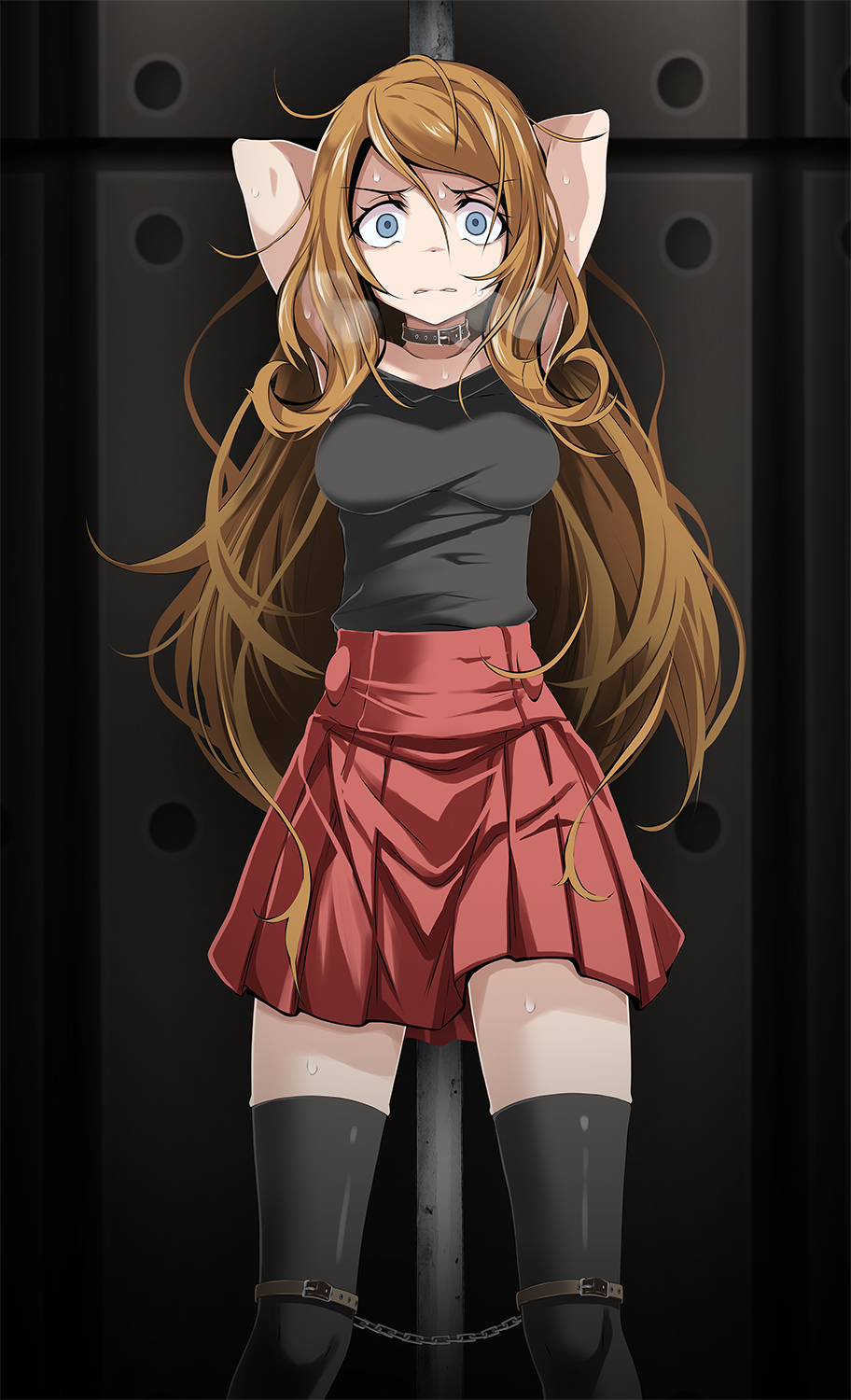 1girl against_wall arms_behind_head arms_up bangs black_shirt black_thighhighs blue_eyes breasts brown_hair chain clenched_teeth collar collarbone hair_between_eyes highres long_hair looking_at_viewer medium_breasts messy_hair miniskirt pleated_skirt pokemon pokemon_(game) pokemon_xy red_skirt restrained scared serena_(pokemon) shiny shiny_hair shirt skirt sleeveless sleeveless_shirt solo standing straight_hair teeth thighhighs tsukishiro_saika very_long_hair zettai_ryouiki