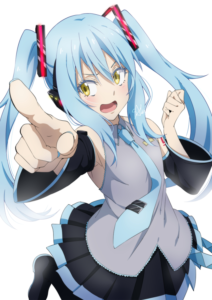 1other :d ambiguous_gender bangs black_footwear black_skirt black_sleeves blue_hair blue_nails blue_necktie collared_shirt cosplay detached_sleeves floating_hair grey_shirt hair_between_eyes hair_ornament hatsune_miku hatsune_miku_(cosplay) highres index_finger_raised kounagi39 long_hair long_sleeves looking_at_viewer miniskirt nail_polish necktie open_mouth pleated_skirt rimuru_tempest shiny shiny_hair shirt signature skirt sleeveless sleeveless_shirt smile tensei_shitara_slime_datta_ken twintails very_long_hair vocaloid wing_collar yellow_eyes