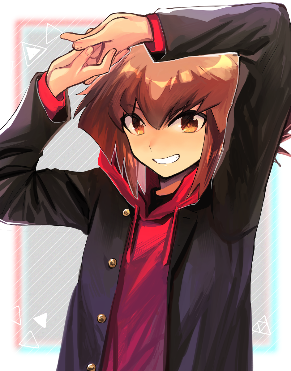 1boy arms_up bangs black_jacket brown_eyes brown_hair grin hair_between_eyes highres hood hood_down hooded_sweater jacket long_hair long_sleeves male_focus multicolored_hair open_clothes open_jacket red_sweater shiny shiny_hair sk816 smile solo sweater two-tone_hair upper_body yu-gi-oh! yu-gi-oh!_gx yuuki_juudai