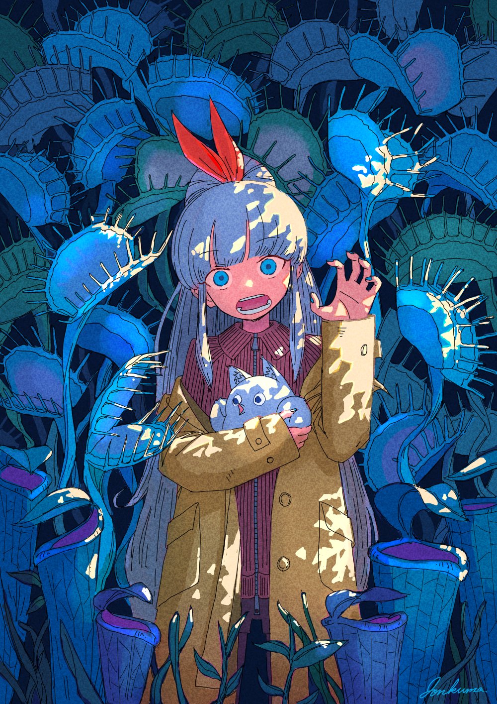 arm_up bangs blue_eyes bow carnivorous_plant claw_pose coat creature hair_bow head_tilt highres holding jonkumason long_coat long_hair looking_at_viewer open_clothes open_coat open_mouth original pitcher_plant plant shorts venus_flytrap zipper