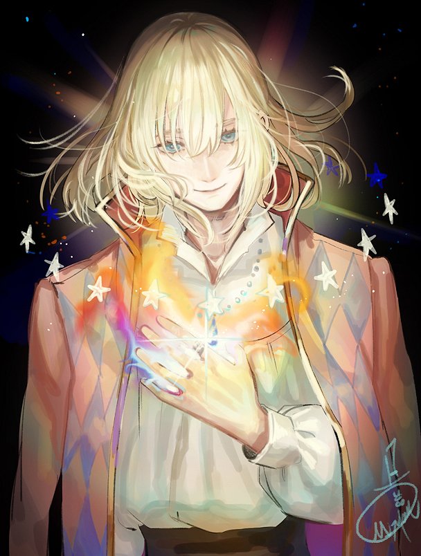 1boy bangs blonde_hair blouse blue_eyes closed_eyes coat dakimakura_(medium) glowing hair_between_eyes howl_(howl_no_ugoku_shiro) howl_no_ugoku_shiro jewelry looking_back mizutame_tori necklace red_coat shirt signature smile solo star_(symbol) white_shirt